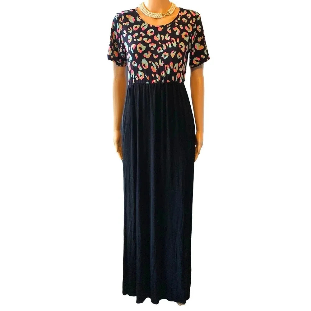 VTG Heimish USA Leopard Black Beach Summer Stretch Casual Maxi Dress Women SZ S
